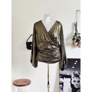 Express Gold Lame V Neck Long Sleeve Blouse Glam XL